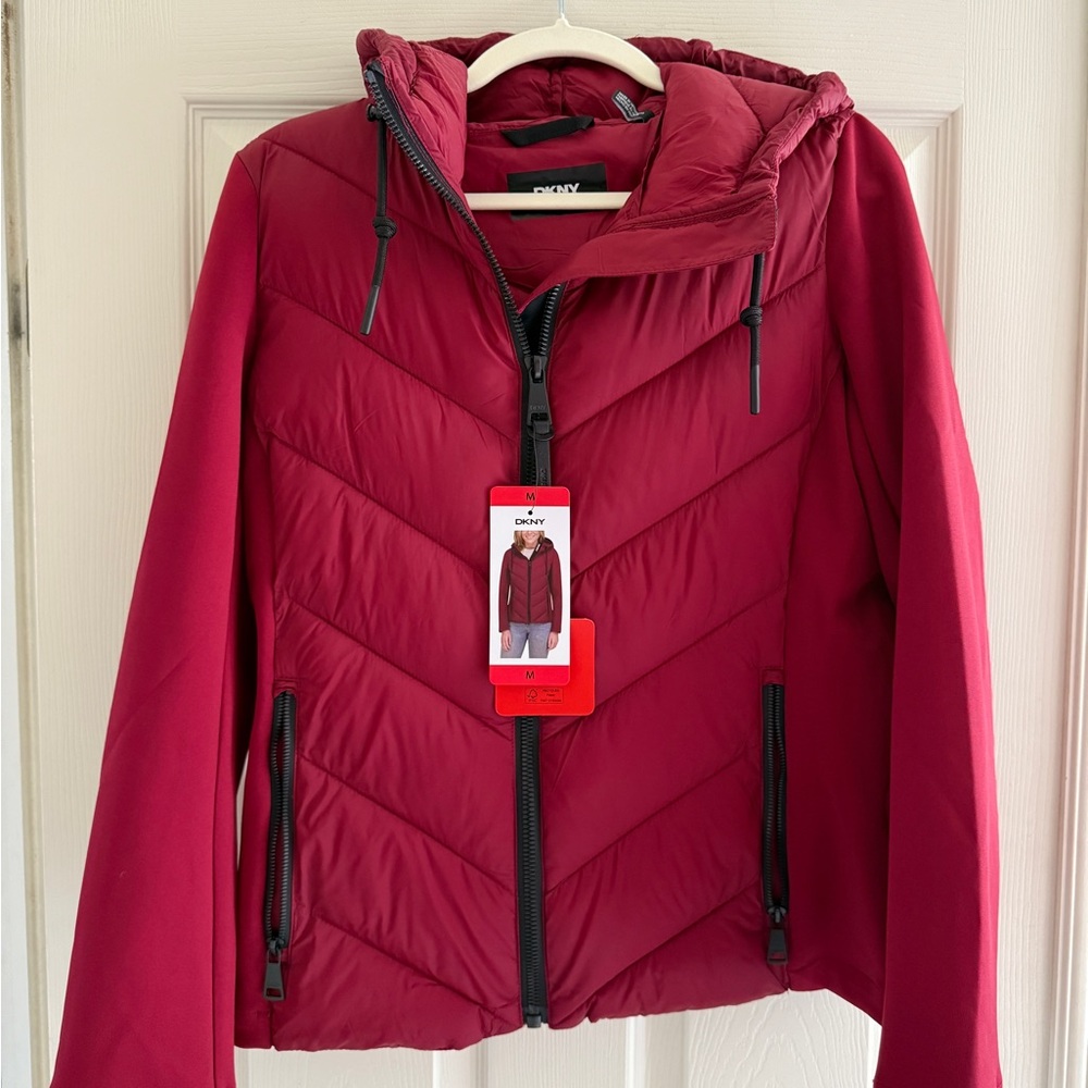 DKNY Women's Burgundy Quilted Hooded Puffer Jacket
